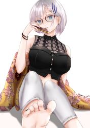 Rule 34 | 1girl, absurdres, barefoot, black shirt, blue eyes, bracelet, braid, breasts, bright pupils, collared shirt, earrings, feet, female focus, glasses, green nails, hair ornament, hand fan, highres, hololive, hololive indonesia, jewelry, lace, large breasts, makeitezz21, midriff, nail polish, official alternate costume, pants, parted lips, pavolia reine, peacock feathers, shawl, shirt, short hair, silver hair, sitting, sleeveless, sleeveless shirt, soles, solo, spread toes, toenail polish, toenails, toes, virtual youtuber, white pants, yellow shawl