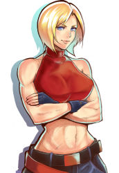Rule 34 | 1girl, absurdres, bare shoulders, belt, belt buckle, blonde hair, blue eyes, blue mary, breasts, buckle, closed mouth, commentary request, fatal fury, gloves, highres, midriff, muscular, muscular female, navel, short hair, simple background, solo, ta-chun, the king of fighters, white background