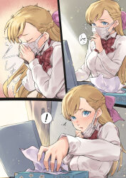 Rule 34 | 1girl, 3koma, blonde hair, blue eyes, bow, bowtie, braid, breasts, closed eyes, comic, commentary, computer, crown braid, hair bow, hatching (texture), hay fever, indoors, jelly shrimp, laptop, large breasts, light particles, long sleeves, looking at viewer, mask, mask pull, monster strike, mouth mask, multiple views, outside border, parted lips, pink bow, plaid, plaid bow, plaid bowtie, red bow, red bowtie, runny nose, school uniform, shirt, sneezing, snot, solo, tissue, tissue box, uriel (monster strike), white shirt, wing collar