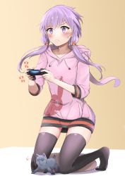 Rule 34 | 1girl, animal print, black thighhighs, blush, cat, concentrating, controller, frown, full body, hair ornament, highres, holding, holding controller, hood, hoodie, indoors, kneeling, light purple hair, long hair, pink hoodie, playing games, purple eyes, purple hair, rabbit hair ornament, rabbit print, short hair with long locks, solo, sora no tori, sweatdrop, thighhighs, twintails, video game, vocaloid, voiceroid, yuzuki yukari