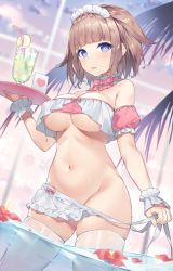 Rule 34 | 1girl, apron, bare shoulders, bikini, bow, bowtie, breasts, brown hair, choker, cleavage, covered erect nipples, cowboy shot, cup, detached sleeves, drinking glass, drinking straw, frilled choker, frills, groin, hand up, highres, holding, large breasts, looking at viewer, maid, maid apron, maid bikini, maid headdress, navel, original, pink bikini, purple eyes, short hair, short sleeves, skindentation, solo, sora 72-iro, standing, stomach, swimsuit, thighhighs, thighs, tongue, tongue out, tray, tropical drink, unconventional maid, underboob, wading, waist apron, water, wet, white thighhighs, wrist cuffs