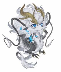 Rule 34 | 1boy, antlers, blue eyes, centauroid, chibi, claws, closed mouth, colored skin, dragon, dragon boy, dragon tail, eastern dragon, floating hair, full body, grey hair, grey scales, grey skin, highres, horns, leviair, long hair, looking at viewer, male focus, mane, monster boy, original, pointy ears, scales, simple background, slit pupils, smile, solo, tail, taur, white background