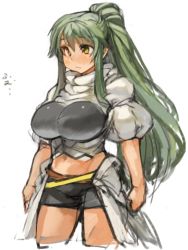 Rule 34 | 1girl, bike shorts, breasts, cropped legs, female focus, green hair, high ponytail, large breasts, long hair, navel, original, ponytail, sachito, sidelocks, simple background, solo, sumi-chan (sachito), very long hair, white background, yellow eyes