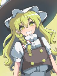 Rule 34 | 1girl, apron, blonde hair, bow, braid, broom, hair bow, hat, hat bow, ioriorigami, kirisame marisa, long hair, non-web source, side braid, single braid, solo, touhou, waist apron, white bow, witch hat, yellow eyes