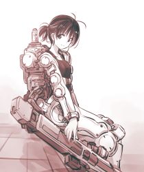 Rule 34 | 1girl, 1other, absurdres, ahoge, bike shorts, bike shorts under shorts, black hair, bra, breasts, capelet, commentary, exoskeleton, gun, hair between eyes, hawkeyes (mechanical buddy universe), highres, ishiyumi, jacket, low ponytail, mechanical buddy universe, medium request, monochrome, navel, power suit, rifle, shoes, short hair, short ponytail, shorts, sitting, small breasts, smile, sneakers, sniper rifle, tgp11s hawkeye (mechanical buddy universe), training bra, underwear, weapon