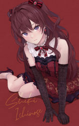 Rule 34 | 1girl, :3, absurdres, ahoge, anklet, bare shoulders, black gloves, blue eyes, bow, brown hair, commentary, dress, earrings, elbow gloves, gloves, hair bow, high heels, highres, huge filesize, ichinose shiki, idolmaster, idolmaster cinderella girls, idolmaster cinderella girls starlight stage, jewelry, looking at viewer, neck ribbon, red background, red dress, ribbon, sitting, sleeveless, sleeveless dress, solo, sugai (4ugaii), two side up, wavy hair, yokozuwari