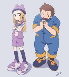 Rule 34 | 1boy, 1girl, digimon, hat, highres, looking at another, orimoto izumi, shibayama junpei, simple background, white background