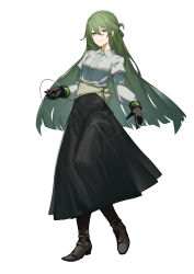 Rule 34 | 1girl, absurdres, black footwear, black gloves, black skirt, boots, breasts, closed mouth, collared shirt, copyright request, dress shirt, fixro2n, full body, gloves, green eyes, green hair, grey shirt, hair between eyes, high heel boots, high heels, highres, long hair, long sleeves, official art, puffy long sleeves, puffy sleeves, shirt, simple background, skirt, small breasts, smile, solo, standing, standing on one leg, very long hair, white background