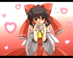 Rule 34 | 1girl, ascot, black hair, blush, bow, brown hair, detached sleeves, female focus, hair bow, hair tubes, hakurei reimu, headphones, heart, heart hands, japanese clothes, letterboxed, miko, open mouth, perfect cherry blossom, red eyes, scarf, short hair, skirt, solo, sora no amagumo, touhou