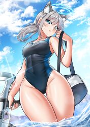 Rule 34 | 1girl, absurdres, animal ear fluff, animal ears, bag, black one-piece swimsuit, blue archive, blue eyes, blue sky, breasts, cloud, competition swimsuit, covered navel, cross hair ornament, extra ears, grey hair, gun, hair ornament, halo, highres, katou shinobu, low ponytail, medium breasts, medium hair, mismatched pupils, multicolored clothes, multicolored swimsuit, official alternate costume, one-piece swimsuit, rifle, shiroko (blue archive), shiroko (swimsuit) (blue archive), sky, solo, swimsuit, twitter username, wading, water, weapon, wolf ears