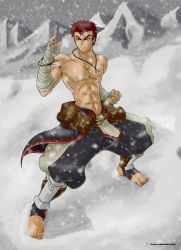 Rule 34 | 1boy, abs, bandages, bracelet, fighting stance, highres, jewelry, kawa-v, kazan (kawa-v), male focus, muscular, necklace, original, red hair, topless male, snow, solo