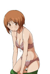 Rule 34 | 10s, 1girl, bow, bow bra, bra, breasts, brown eyes, brown hair, cleavage, clothes pull, cowboy shot, daitoutei, girls und panzer, green skirt, highres, looking at viewer, miniskirt, nishizumi miho, panties, parted lips, pink bra, pink panties, pleated skirt, school uniform, short hair, simple background, skirt, skirt pull, solo, standing, underwear, undressing, white background
