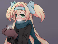 Rule 34 | 1girl, blazblue, blush, breath, can, godharo1, green eyes, hairband, highres, long hair, mittens, platinum the trinity, quad tails, scarf, solo, two side up, upper body, very long hair