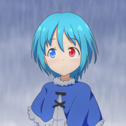 Rule 34 | 1girl, anime coloring, blue capelet, blue eyes, blue hair, capelet, cato (monocatienus), commentary request, fur-trimmed capelet, fur trim, heterochromia, looking away, rain, red eyes, short hair, smile, solo, tatara kogasa, touhou, upper body