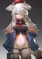 Rule 34 | 1girl, 9a-91 (girls&#039; frontline), animal ears, animal hands, beret, black panties, black shirt, blouse, blue eyes, blush, breasts, furry, furry female, girls&#039; frontline, gradient background, grey background, hat, highres, medium breasts, navel, official alternate costume, panties, paw pose, red hat, shirt, simple background, solo, tail, underwear, user msay4453, wan jue