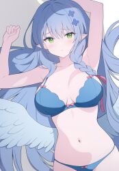Rule 34 | 1girl, absurdres, blue archive, blue bra, blue hair, blue panties, blue wings, blush, bra, braid, breasts, chinese commentary, closed mouth, collarbone, cowboy shot, feathered wings, green eyes, highres, jyt, large breasts, long hair, looking at viewer, mine (blue archive), navel, panties, pointy ears, single braid, solo, underwear, underwear only, wings
