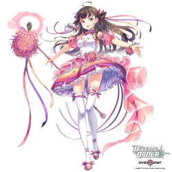 Rule 34 | 1girl, ahoge, black hair, breasts, cleavage, company name, copyright name, dated, detached sleeves, diverse order, dress, full body, h2so4, highres, holding, holding microphone, long hair, microphone, multicolored hair, neck ribbon, official art, pink dress, pink eyes, pink footwear, pink ribbon, purple ribbon, ribbon, simple background, small breasts, solo, standing, streaked hair, thighhighs, watermark, white background, white thighhighs, wrist ribbon