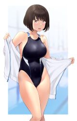 Rule 34 | 1girl, bare shoulders, black one-piece swimsuit, blush, breasts, brown eyes, brown hair, collarbone, competition swimsuit, covered navel, highleg, highleg swimsuit, highres, jacket, large breasts, long sleeves, looking at viewer, off shoulder, one-piece swimsuit, open clothes, open jacket, open mouth, original, short hair, smile, solo, swimsuit, thighs, wa (genryusui), white jacket