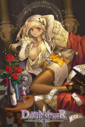Rule 34 | 1girl, absurdres, alcohol, arm up, bag, black nails, blonde hair, bottle, breasts, brown eyes, brown footwear, brown thighhighs, buttons, chair, checkered floor, couch, cup, cupping glass, devil maker, dress, drinking glass, earrings, fingernails, flower, flower pot, glass, hair ornament, hairband, hand on own chest, handbag, high heels, highres, hoop earrings, jewelry, kanojjang, lips, long hair, long sleeves, looking at viewer, medium breasts, money, nail polish, neck ring, necklace, petals, purple lips, red flower, red rose, rose, sash, shoes, sitting, smile, solo, star (symbol), star hair ornament, swept bangs, teeth, thighhighs, wine, wine bottle, wine glass, zipper