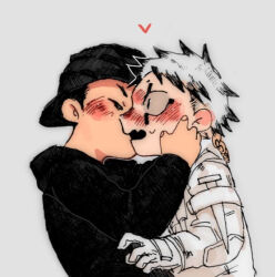 Rule 34 | 2boys, aikawa (dorohedoro), artist request, baseball cap, black hair, blonde hair, blush, chibi, colored tips, couple, dorohedoro, facial mark, from side, gloves, hand on another&#039;s cheek, hand on another&#039;s face, hat, heart, kiss, kissing cheek, male focus, multicolored hair, multiple boys, no eyebrows, profile, risu (dorohedoro), surprise kiss, surprised, sweatdrop, thick eyebrows, upper body, yaoi