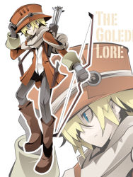 Rule 34 | 1boy, arrow (projectile), blonde hair, blue eyes, boots, bow (weapon), expressionless, gauntlets, hand on headwear, hat, male focus, profile, quiver, scarf, short hair, solo, standing, uki (room 405), weapon, zoom layer