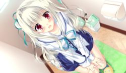 Rule 34 | 10s, 1girl, aqua ribbon, blue skirt, blurry, blurry background, blush, breasts, clothes lift, da capo, da capo iii, dutch angle, embarrassed, game cg, hair ribbon, hands on own knees, legs together, long hair, looking at viewer, open mouth, red eyes, ribbon, school uniform, shirt, sitting, skirt, skirt lift, slippers, solo, surprised, sweatdrop, tanihara natsuki, toilet, toilet paper, toilet use, white hair, white shirt, window, yoshino charles