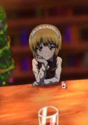 Rule 34 | 1girl, bar (place), bartender, blonde hair, blunt bangs, blurry, blurry background, blurry foreground, bob cut, brown vest, christmas tree, closed mouth, cup, depth of field, dress shirt, drinking glass, elbow rest, girls und panzer, half-closed eyes, head rest, indoors, key (gaigaigai123), long sleeves, maid headdress, shirt, short hair, smile, solo, vest, white shirt, wing collar, yellow eyes