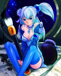 Rule 34 | 1girl, bad id, bad pixiv id, blue eyes, blue hair, blue thighhighs, breasts, choker, cleavage, detached sleeves, haruhata mutsuki, large breasts, long hair, matching hair/eyes, oversized object, paintbrush, sangokushi taisen, side ponytail, skirt, smile, solo, thighhighs