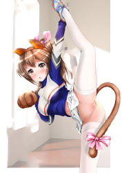 Rule 34 | 1girl, animal ears, animal hands, blush, breasts, brown eyes, brown hair, cat ears, cat girl, cat tail, cheerleader, female focus, flexible, gloves, long hair, looking at viewer, navel, no panties, original, paw gloves, ponytail, pussy, reiji-sss, solo, tail, thighhighs, uncensored