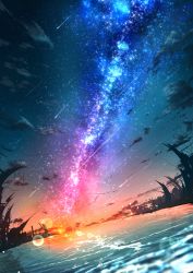 Rule 34 | abisswalker8, absurdres, architecture, building, cloud, commentary, dutch angle, highres, horizon, huge filesize, lens flare, multicolored sky, original, outdoors, reflection, ripples, scenery, shooting star, sky, star (sky), starry sky, sun, sunset, water