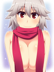 Rule 34 | 1girl, bad id, bad pixiv id, breasts, cleavage, cleavage cutout, clothing cutout, convenient censoring, hayashi custom, highres, izayoi sakuya, large breasts, looking at viewer, naked scarf, red eyes, scarf, scarf over breasts, silver hair, smile, solo, touhou, upper body