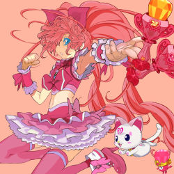 Rule 34 | 10s, 1girl, armpits, blue eyes, bow, cure melody, dory, hair over one eye, houjou hibiki, hummy (suite precure), long hair, magical girl, midriff, navel, outstretched arm, pink background, pink hair, pink theme, pink thighhighs, precure, suite precure, thighhighs, twintails, very long hair, yuuki (irodo rhythm)