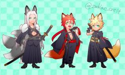 Rule 34 | 3boys, alternate costume, animal ears, aqua eyes, arm ribbon, armor, belt, black footwear, black hakama, black kimono, blonde hair, boots, checkered background, chibi, facial mark, fang, final fantasy, final fantasy vii, final fantasy vii advent children, fox boy, fox ears, full body, fur trim, green background, green eyes, grey hair, hair between eyes, hakama, highres, holding, holding sword, holding weapon, japanese clothes, katana, kemonomimi mode, kimono, long hair, long sleeves, looking at viewer, low ponytail, male focus, masamune (ff7), multiple boys, multiple tails, open clothes, open kimono, open mouth, over shoulder, parted bangs, pink ribbon, red hair, ribbon, short hair, short hair with long locks, shoulder armor, single sleeve, smile, spiked hair, standing, sword, tail, toned, toned male, tongue, tongue out, twitter username, v-shaped eyebrows, weapon, weapon over shoulder, zodiac crest