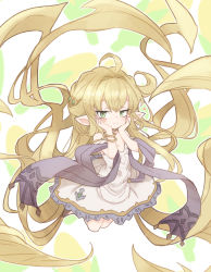 Rule 34 | 1girl, ahoge, blonde hair, bracelet, dress, gazacy (dai), granblue fantasy, green eyes, hands on own face, harvin, highres, jewelry, long hair, melissabelle, pointy ears, smile, solo, very long hair, white dress