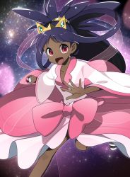Rule 34 | 1girl, :d, collarbone, creatures (company), dark-skinned female, dark skin, dress, floating hair, game freak, hair ornament, highres, holding, holding poke ball, iris (pokemon), layered dress, leg up, long hair, looking at viewer, nintendo, open mouth, outstretched hand, pink dress, poke ball, pokemon, pokemon bw2, purple hair, red eyes, smile, solo, two-tone dress, v-shaped eyebrows, very long hair, white dress, yuihico