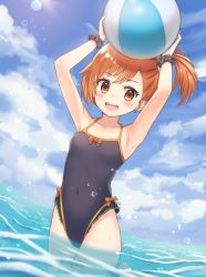 Rule 34 | 1girl, :d, armpits, arms up, ball, bare arms, beachball, bikini, black bikini, black scrunchie, blue sky, blush, breasts, brown hair, cloud, cloudy sky, collarbone, covered navel, dargo, day, holding, leg up, looking at viewer, ocean, one-piece swimsuit, open mouth, orange hair, outdoors, princess connect!, scrunchie, short hair, side ponytail, sky, small breasts, smile, solo, swimsuit, teeth, upper teeth only, wading, water, wrist scrunchie