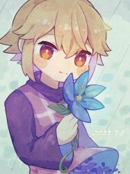 Rule 34 | 1girl, blue flower, blush stickers, bright pupils, closed mouth, commentary request, dated, flipped hair, flower, hand up, highres, holding, holding flower, kekorin5, light brown hair, light smile, long sleeves, looking at viewer, medium hair, purple flower, purple sweater, rain, red eyes, solo, sweater, turtleneck, turtleneck sweater, unusually open eyes, upper body, urotsuki, wide sleeves, yellow pupils, yume 2kki