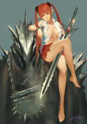 Rule 34 | 1girl, ariverkao, armor, barefoot, breasts, cleavage, elf, fantasy, feet, highres, large breasts, legs, crossed legs, lock, miniskirt, open clothes, open shirt, original, padlock, pointy ears, red hair, shirt, sitting, skirt, smile, solo, sword, thighs, torn clothes, twintails, weapon