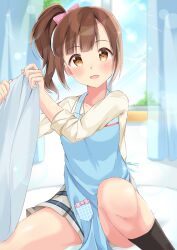 Rule 34 | 1girl, apron, bed sheet, black socks, blue apron, blush, bow, breasts, brown eyes, brown hair, collarbone, curtains, hair bow, hair ribbon, hands up, highres, holding, idolmaster, idolmaster cinderella girls, idolmaster cinderella girls starlight stage, igarashi kyoko, indoors, knee up, lens flare, long hair, long sleeves, looking at viewer, medium breasts, morning, on bed, open mouth, pink ribbon, plaid, plaid skirt, pleated skirt, ribbon, shirt, side ponytail, sitting, skirt, smile, socks, solo, sunlight, tktk135, tree, white shirt, white skirt, window