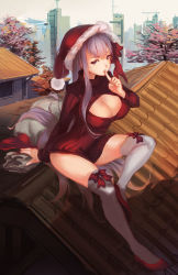 Rule 34 | 10s, 1girl, bb (fate), bb (fate/extra), breasts, christmas, cleavage, cleavage cutout, clothing cutout, fate/extra, fate/extra ccc, fate (series), hat, highres, large breasts, long hair, looking at viewer, meme attire, open-chest sweater, purple eyes, purple hair, ribbed sweater, santa hat, sitting, softmode, solo, sweater, thighhighs, very long hair, white thighhighs, zettai ryouiki