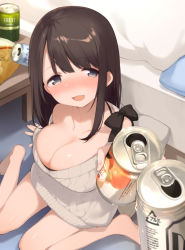 Rule 34 | 1girl, :d, arm support, bed, black bra, black ribbon, blue eyes, blush, bra, bra peek, breasts, brown hair, can, cleavage, collarbone, drink can, fujiyama, full-face blush, highres, holding, holding can, large breasts, long hair, looking at viewer, no pants, off-shoulder sweater, off shoulder, open mouth, original, pillow, pov, ribbon, sitting, smile, soda can, solo focus, sweater, underwear, wariza, white sweater