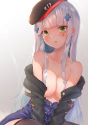 Rule 34 | 1girl, bare shoulders, bed, bed sheet, bedroom, beret, between legs, black jacket, blunt bangs, blush, breasts, cleavage, collarbone, cross hair ornament, facial mark, girls&#039; frontline, green eyes, hair ornament, hand between legs, hat, highres, hk416 (girls&#039; frontline), indoors, jacket, long hair, long sleeves, looking at viewer, medium breasts, military jacket, off shoulder, on bed, open clothes, open jacket, open mouth, pillow, plaid, plaid skirt, sidelocks, silver hair, sitting, skirt, smile, solo, teardrop, yaosera