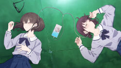 Rule 34 | 2girls, blue bow, blue bowtie, blue shirt, blue skirt, blush, bow, bowtie, brown hair, chinese commentary, closed eyes, collarbone, commentary request, diamond dust (girls band cry), dress shirt, earphones, girls band cry, glasses, highres, hina (girls band cry), iseri nina, long sleeves, low twintails, lying, multiple girls, on back, parted lips, pleated skirt, sailor collar, school uniform, serafuku, shared earphones, shirt, shirt tucked in, short hair, short twintails, skirt, twintails, unworn eyewear, white sailor collar, yun cao bing