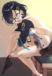 Rule 34 | 1girl, absurdres, bench, black legwear, black skirt, blue archive, blue hair, breasts, chihiro (blue archive), dressing, ebitop, glasses, green eyes, hair ornament, hairclip, highres, id card, jacket, leg up, letterman jacket, long sleeves, looking at viewer, looking to the side, medium breasts, miniskirt, open mouth, semi-rimless eyewear, short hair, sitting, skirt, solo