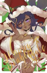 Rule 34 | 1girl, breasts, cleavage, dark-skinned female, dark skin, dragalia lost, dress, eyelashes, fur trim, hat, highres, large breasts, long hair, long sleeves, looking at viewer, malora, official alternate costume, one eye closed, open mouth, purple eyes, purple hair, red hat, red nails, ribbon, rikikitty, santa hat, short dress, solo, white dress