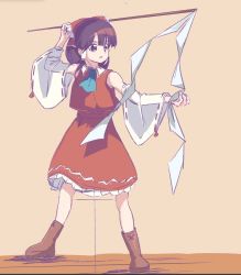 Rule 34 | 1980s (style), ascot, bad id, bad twitter id, bare shoulders, blue ascot, boots, bow, brown eyes, brown footwear, brown hair, collared vest, commentary request, detached sleeves, frilled bow, frilled skirt, frills, full body, gohei, hair bow, hakurei reimu, legacy of lunatic kingdom, long sleeves, oldschool, open mouth, orange background, red skirt, red vest, retro artstyle, ribbon-trimmed sleeves, ribbon trim, short hair, skirt, standing, takemoto izumi (style), touhou, unfinished, vest, white sleeves, wide sleeves, yatyou