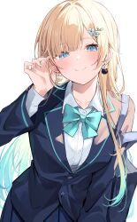 Rule 34 | absurdres, aizawa ema, blonde hair, blue eyes, blush, bow, closed mouth, collared shirt, green bow, green hair, hair ornament, hairpin, hand in own hair, highres, long hair, looking at viewer, multicolored hair, shirt, simple background, smile, standing, upper body, virtual youtuber, vspo!, white background, white shirt, yuzutouhu ika