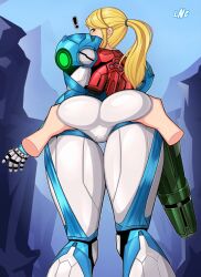 Rule 34 | !, 1girl, arm cannon, armor, ass, ass grab, blonde hair, blue eyes, disembodied hands, disembodied limb, feet out of frame, from behind, highres, loodncrood, looking at viewer, looking back, medium hair, metroid, metroid dread, nintendo, ponytail, power armor, power suit, samus aran, science fiction, standing, thigh gap, thighs, weapon
