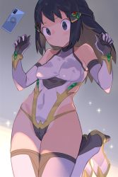 Rule 34 | 1girl, akari (pokemon), alternate costume, arceus, arceus (cosplay), bare shoulders, black hair, blush, boots, breasts, cellphone, closed mouth, commentary request, cosplay, covered erect nipples, creatures (company), elbow gloves, eyelashes, game freak, gen 4 pokemon, gloves, grey eyes, hair ornament, hairclip, hands up, high heels, highleg, highleg leotard, highres, legendary pokemon, leotard, long hair, looking down, mythical pokemon, nintendo, phone, pokemon, pokemon legends: arceus, sidelocks, simple background, solo, spring2013, sweatdrop, thigh boots, thighhighs, w arms, white footwear, white leotard, wide hips