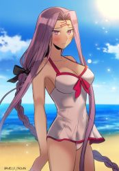 Rule 34 | 1girl, bare shoulders, beach, bikini, black bow, blue sky, blush, bow, braid, breasts, cleavage, collarbone, cosplay, covered navel, day, dress swimsuit, facial mark, fate/grand order, fate/stay night, fate (series), forehead mark, hair bow, hip focus, large breasts, long braid, long hair, looking at viewer, mash kyrielight, mash kyrielight (cosplay), mash kyrielight (swimsuit of perpetual summer), medusa (fate), medusa (rider) (fate), meiji ken, ocean, official alternate costume, parted bangs, purple eyes, purple hair, sky, solo, square pupils, sunlight, swimsuit, thighs, very long hair, white bikini
